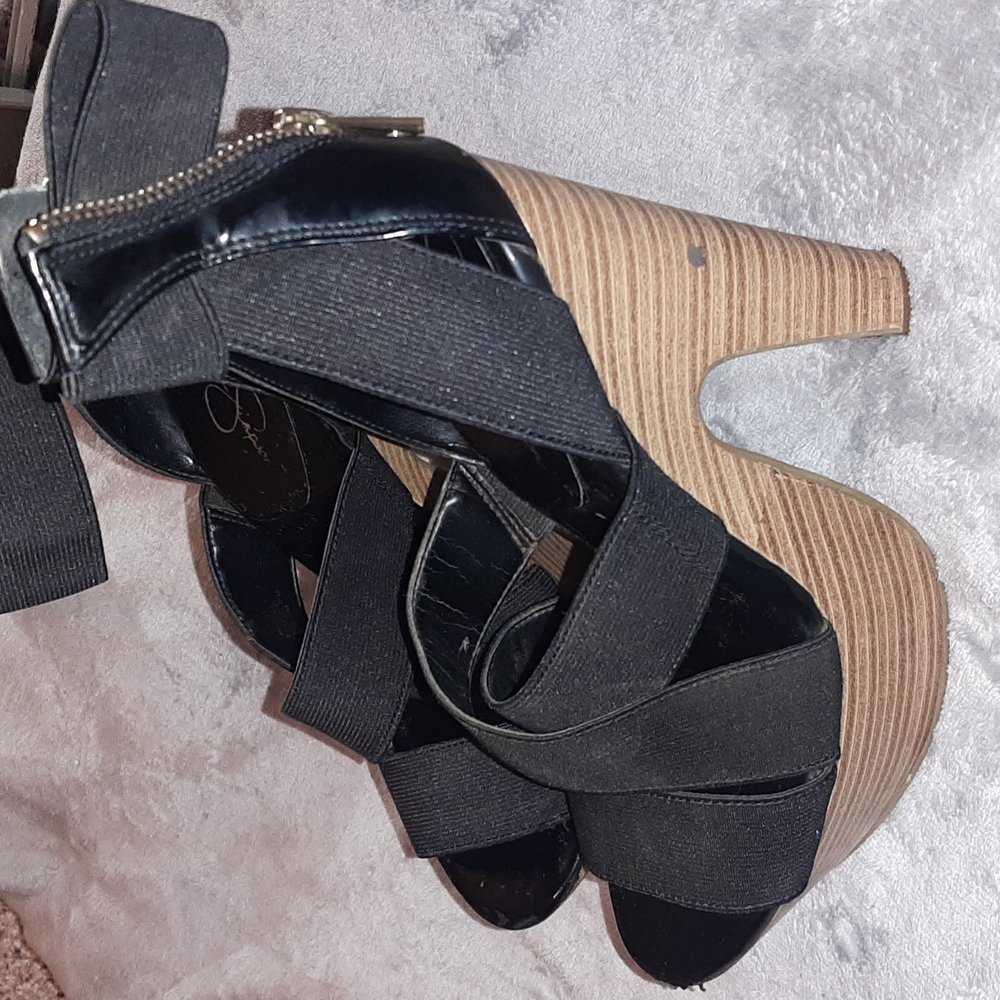 strappy wood heels, size 7.5